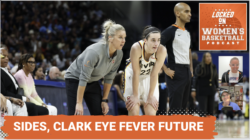 Fever head coach Christie Sides and rookie Caitlin Clark are crouched with hands on knees viewing on court action. Photo is featured above the title "Sides, Clark eye Fever future"